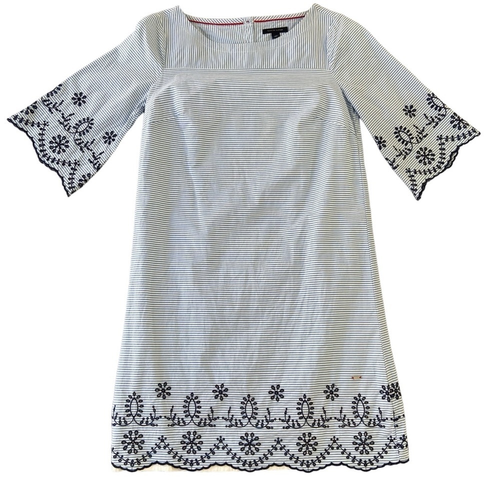Tommy Hilfiger dress 100% cotton blue white  embroidered 3/4 sleeves Small